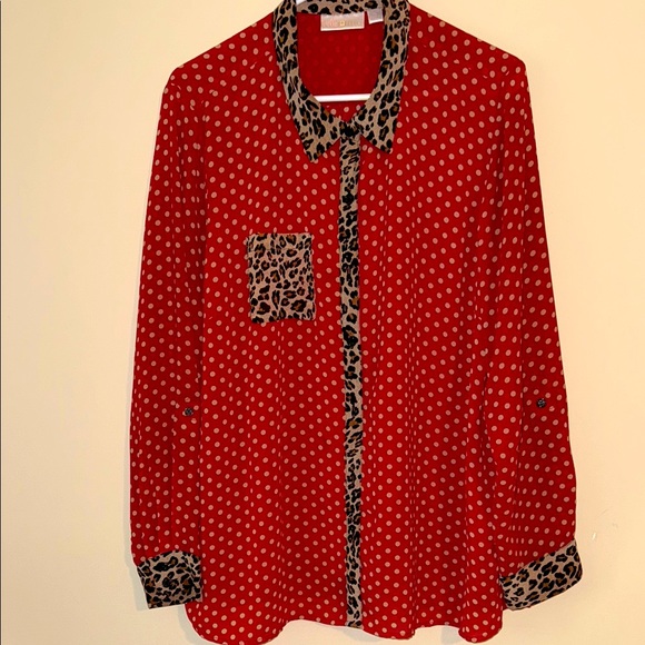 Belle by Kim Gravel Polka Dot Print Blouse with Leopard Detail size XL NWOT - Picture 1 of 17